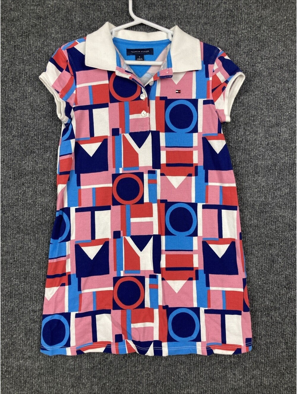 Tommy Hilfiger Girls Size 5 Pink Blue Letter S/S Logo Polo Dress EUC